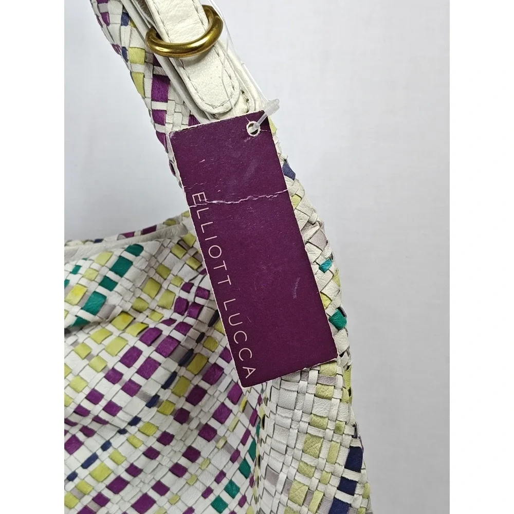 Elliott Lucca Woven Leather Large Hobo Purse Plaid off white purple NWT Flaw